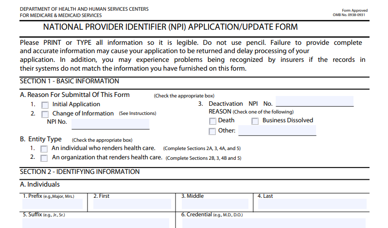 Screenshot of the top of an NPI application form.